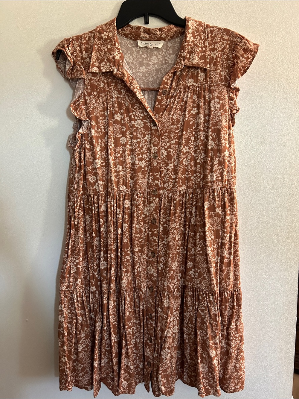 Lucky Brand Rust Floral Tiered Cap-Sleeve Dress